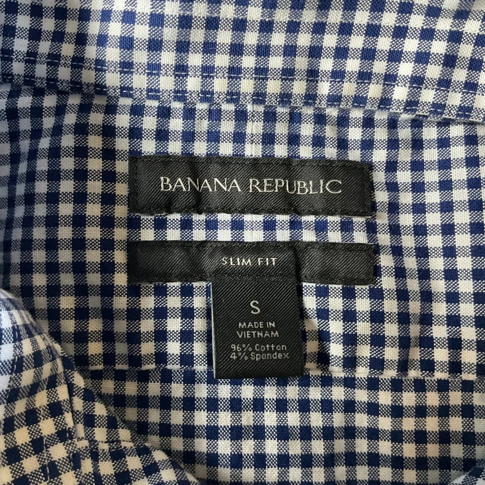 Banana Republic Shirt Mens Small S Navy Blue Cotton Gingham Slim Fit Long Sleeve